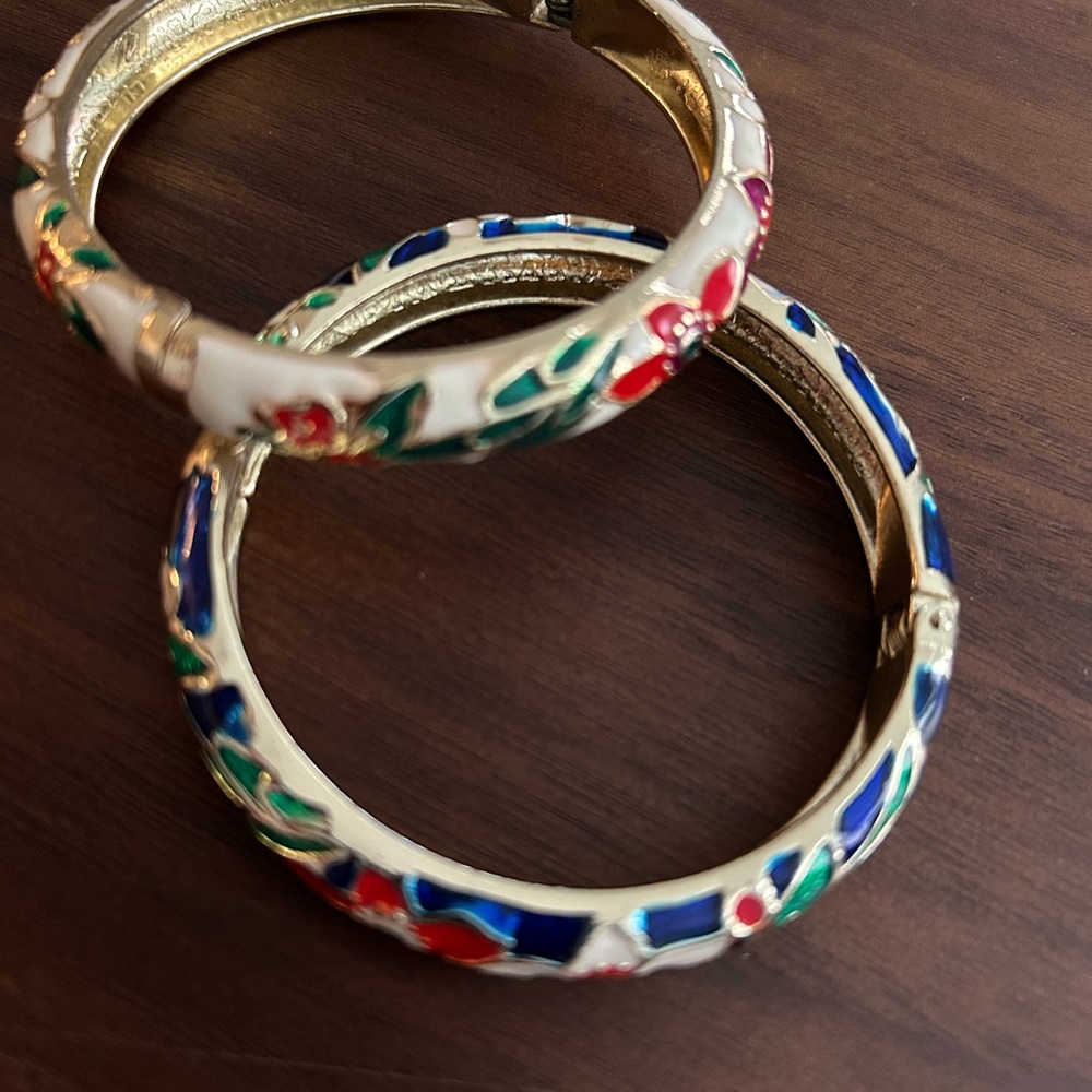 Gold and Multicolor Floral Enamel Bangles